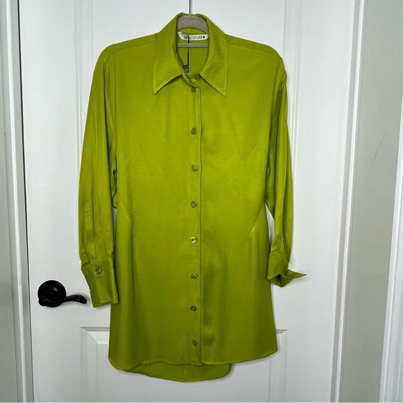 NWT Zara Lime Green Button-Down Shirt Dress - Women’s Size Large - Picture 2 of 9